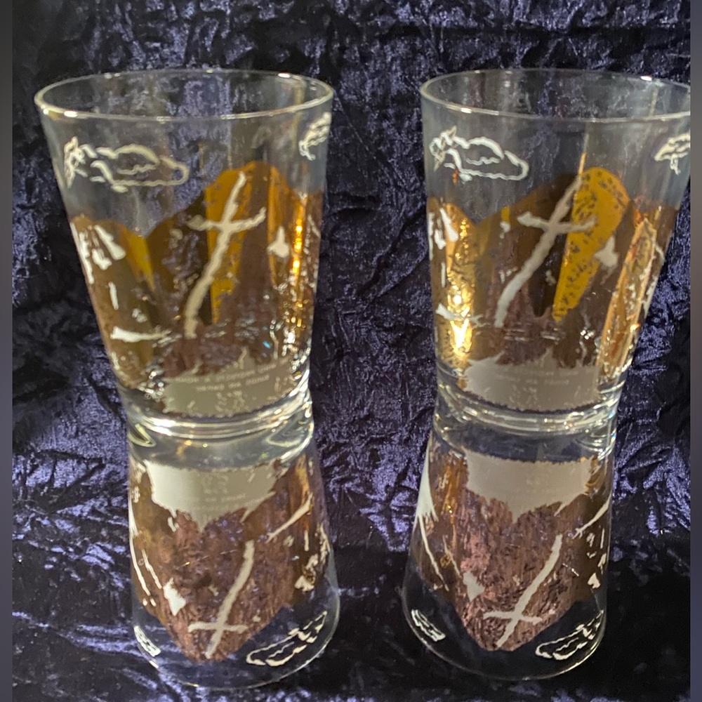 GORGEOUS Set Of 4 Gold MOUNTAIN Mid Century Low Ball Glasses - Picture 3 of 5